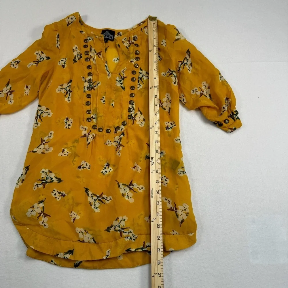 Angie Floral Studded Sheer Blouse Womens Size Small V Neck 3/4 Sleeve Yellow